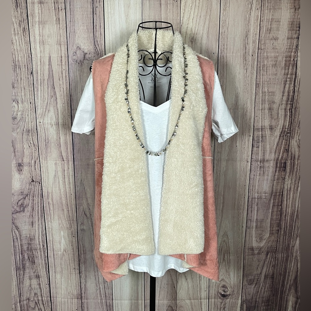 Dusty Pink and Cream Faux Suede Open Front Vest
